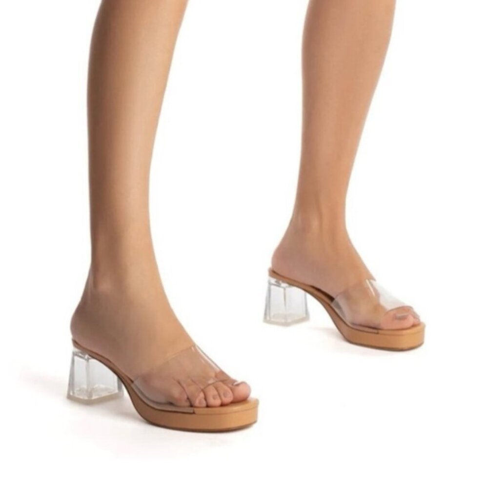 Larroude Transparent and Tan Platform Heels